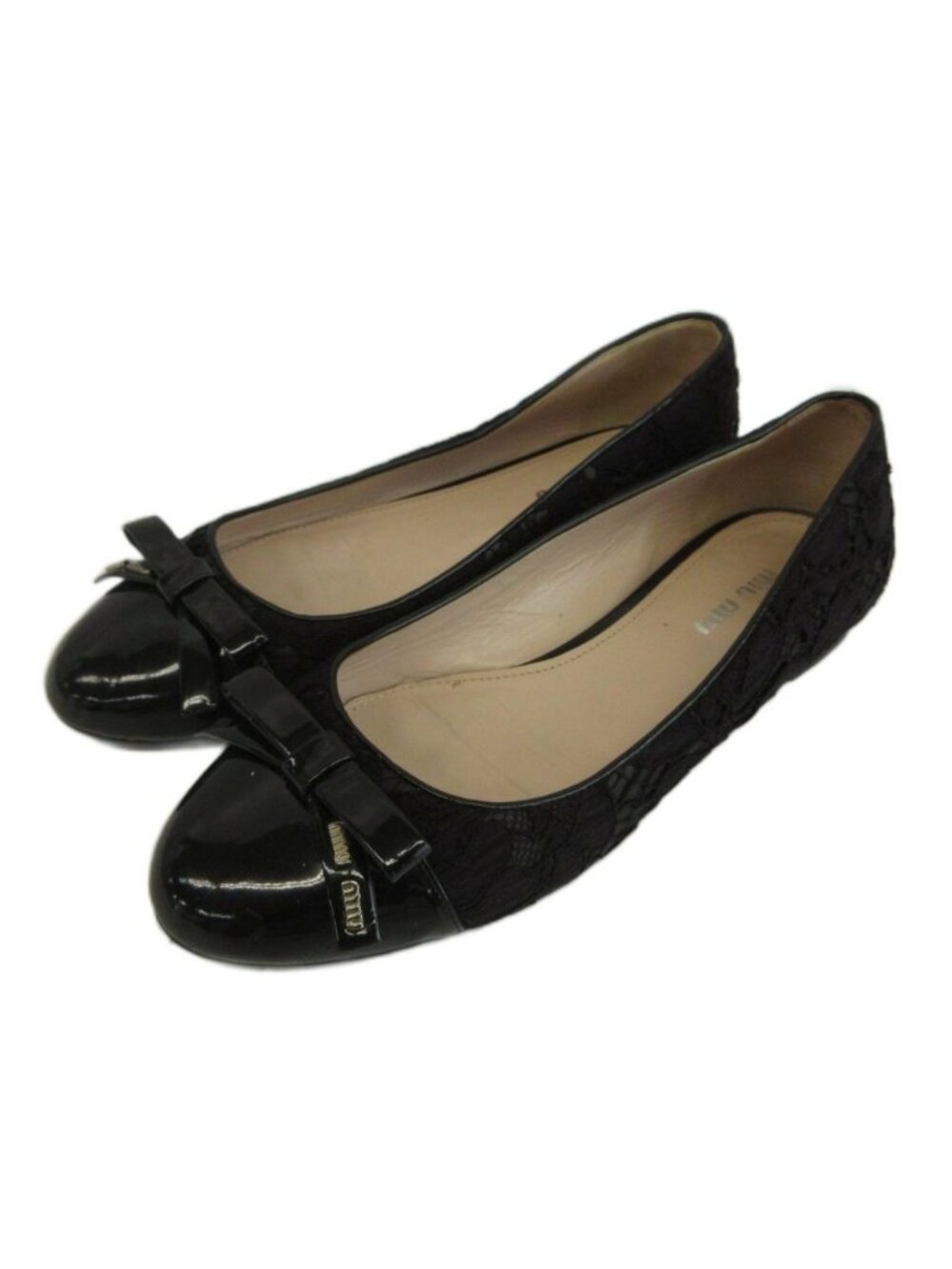 Miu Miu Ballet Shoes Flat Patent Lace Ribbon Logo Black